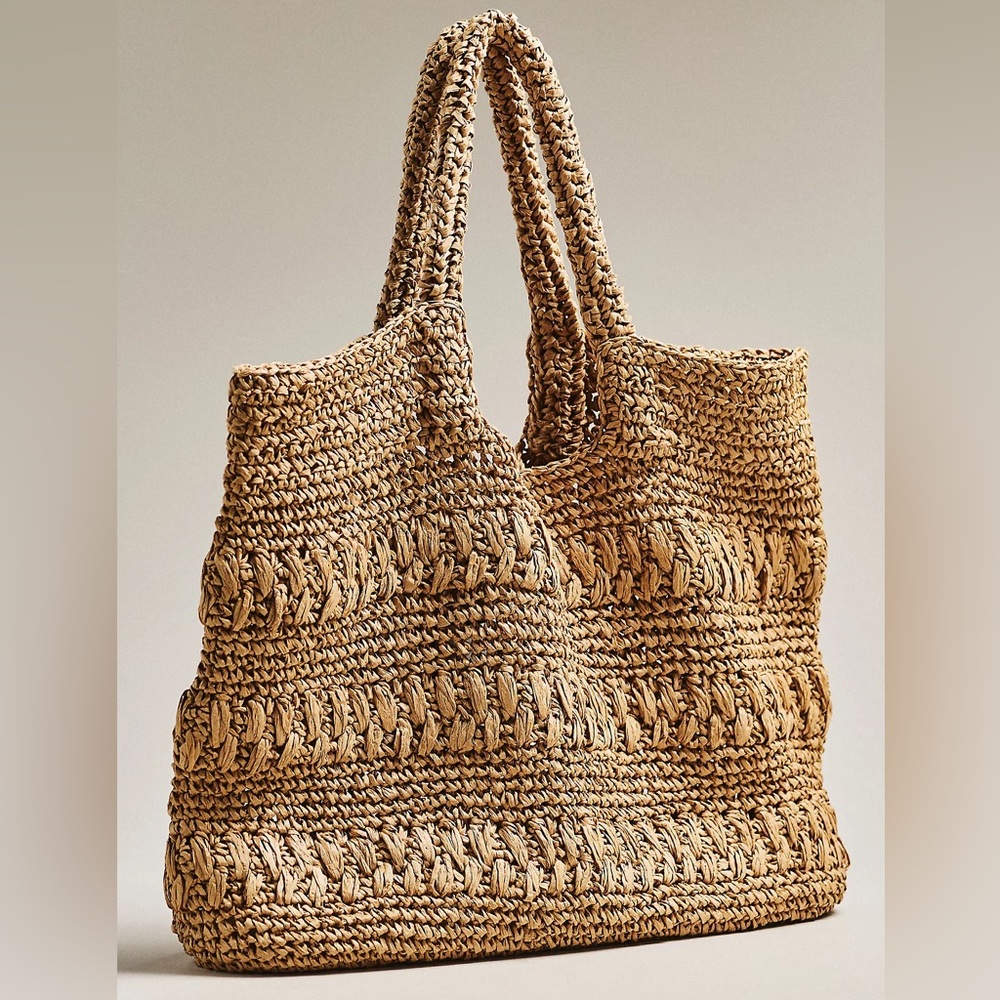 Anthropologie Woven Straw Tote Bag in Natural Tan